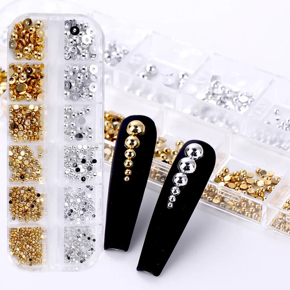 12 grilles de couleurs mélangées or argent plat demi-rond perle ongles pièces Flatback ornement 3D m