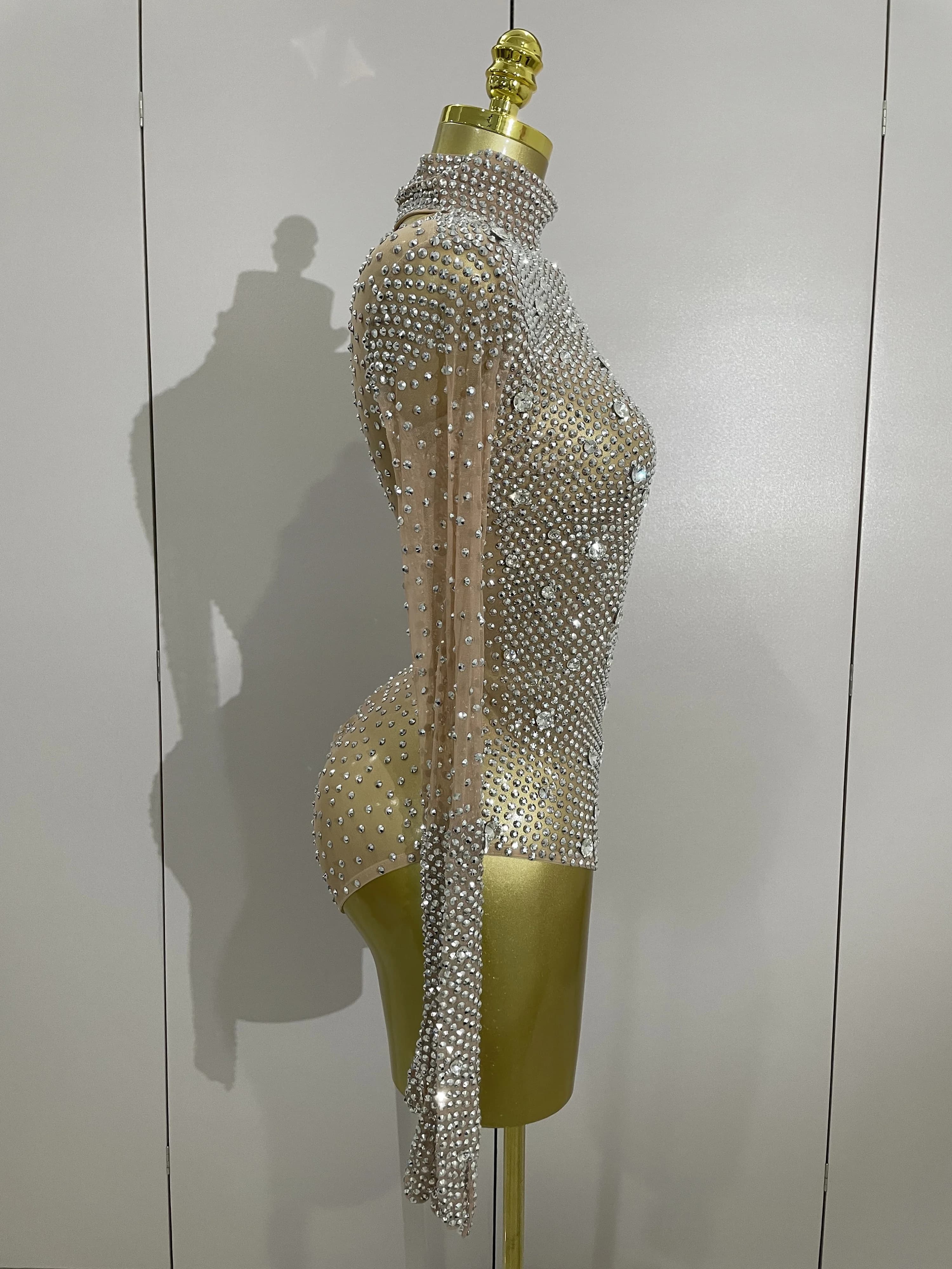 Gants à manches longues avec strass scintillants, body extensible pour femmes, soirée de luxe, fête 