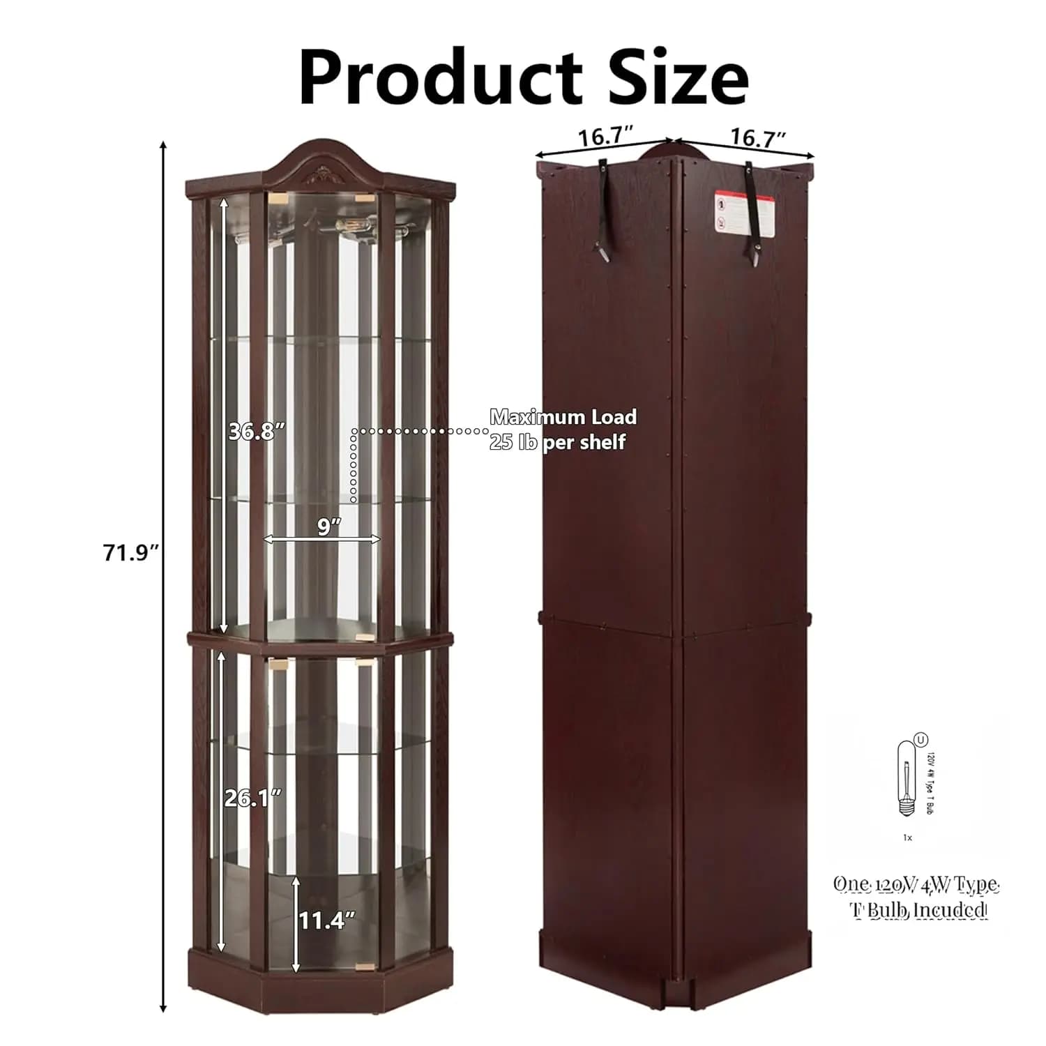 Vitrine d'angle de 71,93'' de hauteur avec éclairage pour salon, vitrine d'angle avec portes en verr