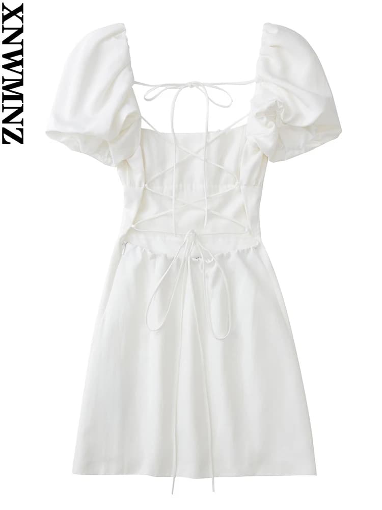 XNWMNZ 2022 femmes mode lin mélangé robe vacances style col carré manches bouffantes dos bretelles c