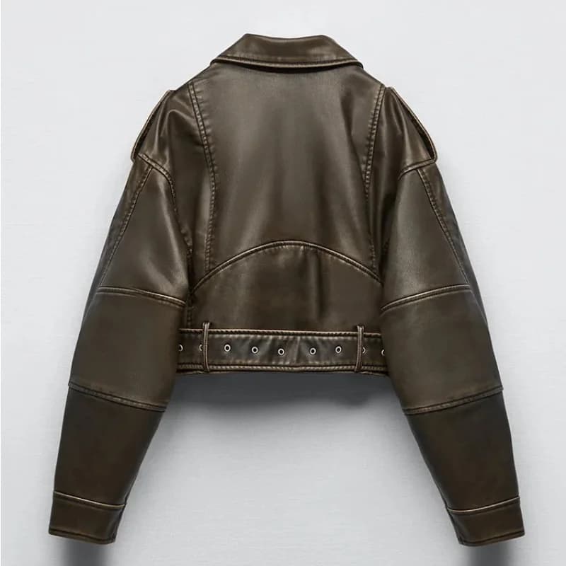 Veste courte Vintage en Faux cuir Pu pour femme, ample, avec ceinture, Streetwear, fermeture éclair,
