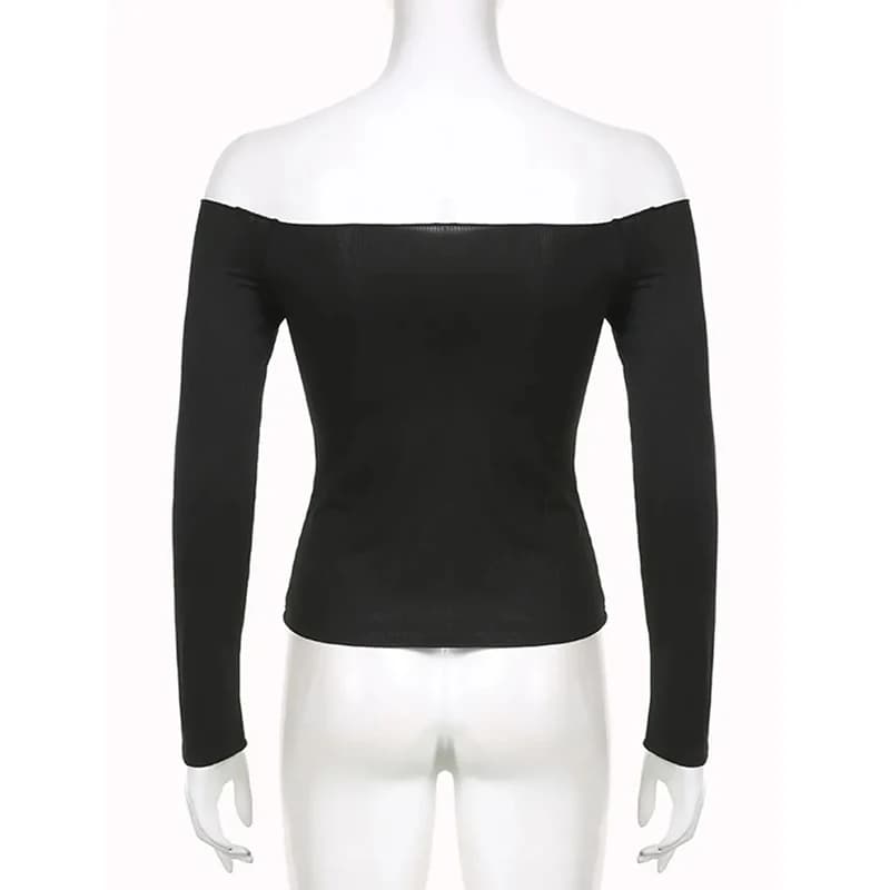 T-shirt court à manches longues pour femmes, noir, monochromatique, col slash, élégant, mode coréenn
