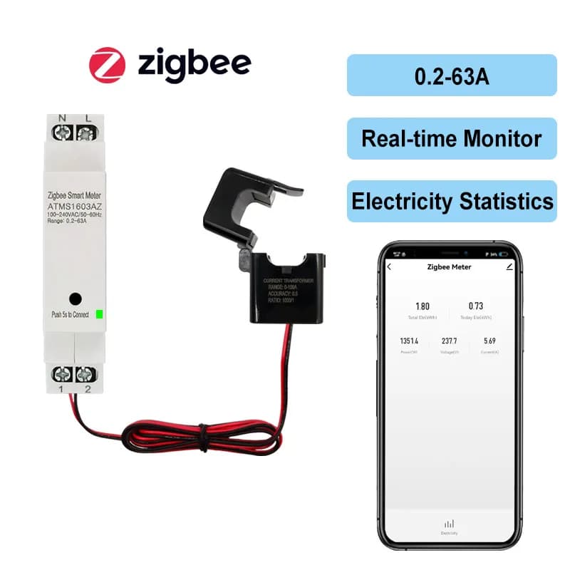 Compteur d'énergie intelligent ZigBee avec transformateur de courant à pince 63A, surveillance par a