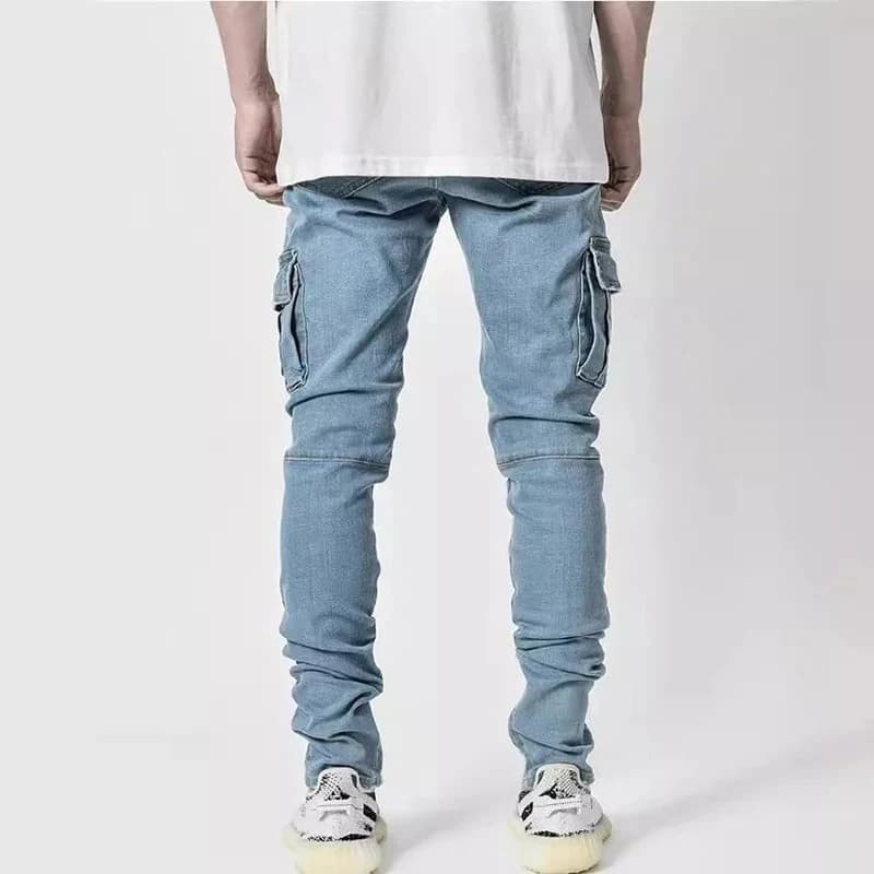 Jeans en denim élastique pour hommes, pantalon cargo multi-poches, coupe slim décontractée, jogging 