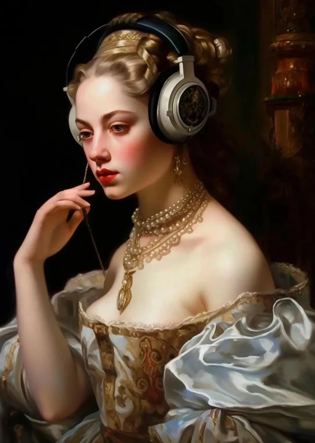 Affiche de femme Renaissance portant des écouteurs, peinture sur toile d'art modifié Vintage, décora