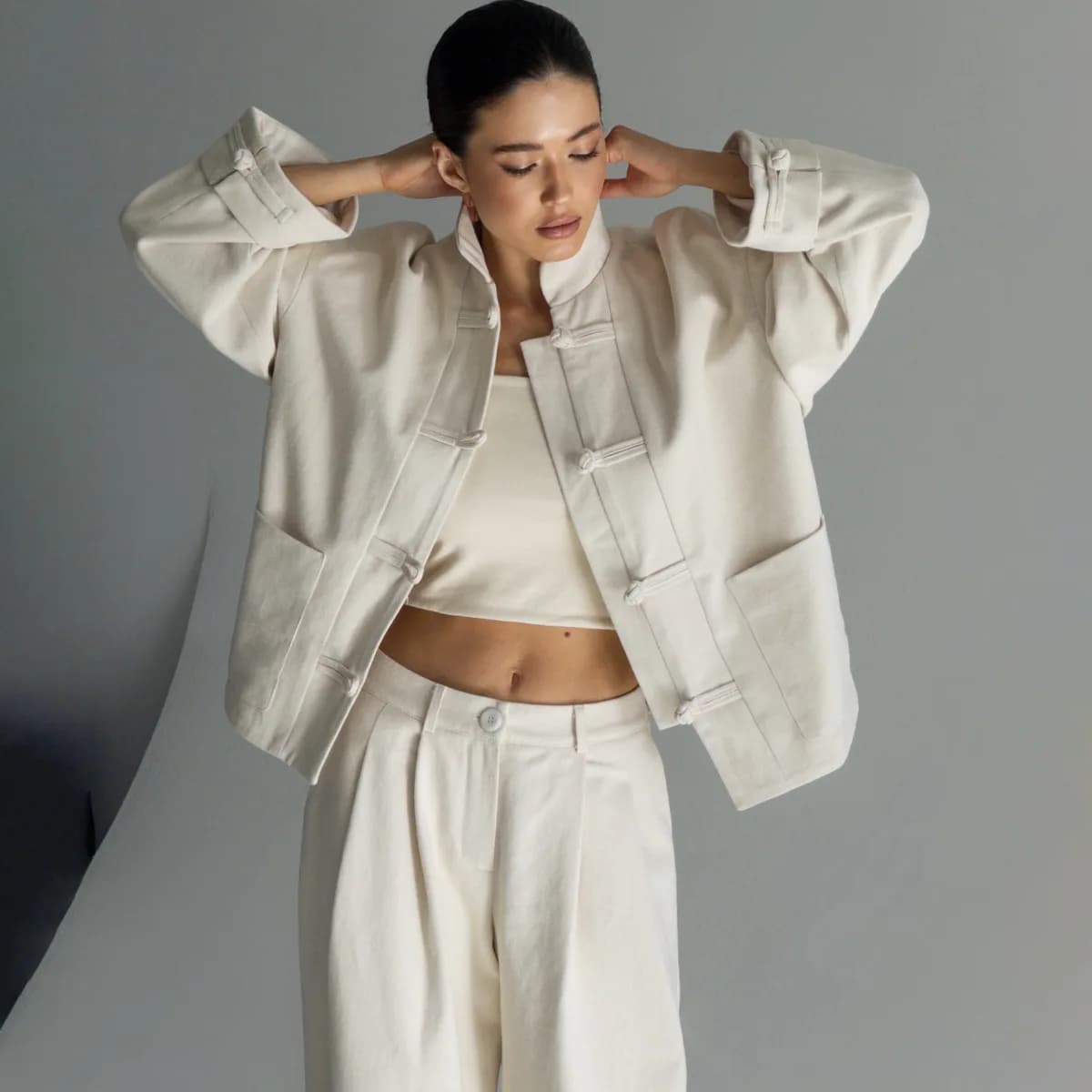 VTKW 2026 Nouvel ensemble veste et pantalon pour femme style chinois, col mandarin, boutons grenouil