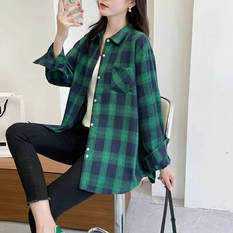 Chemisier style preppy à manches longues pour femme, chemise à carreaux pour fille, chemise surdimen