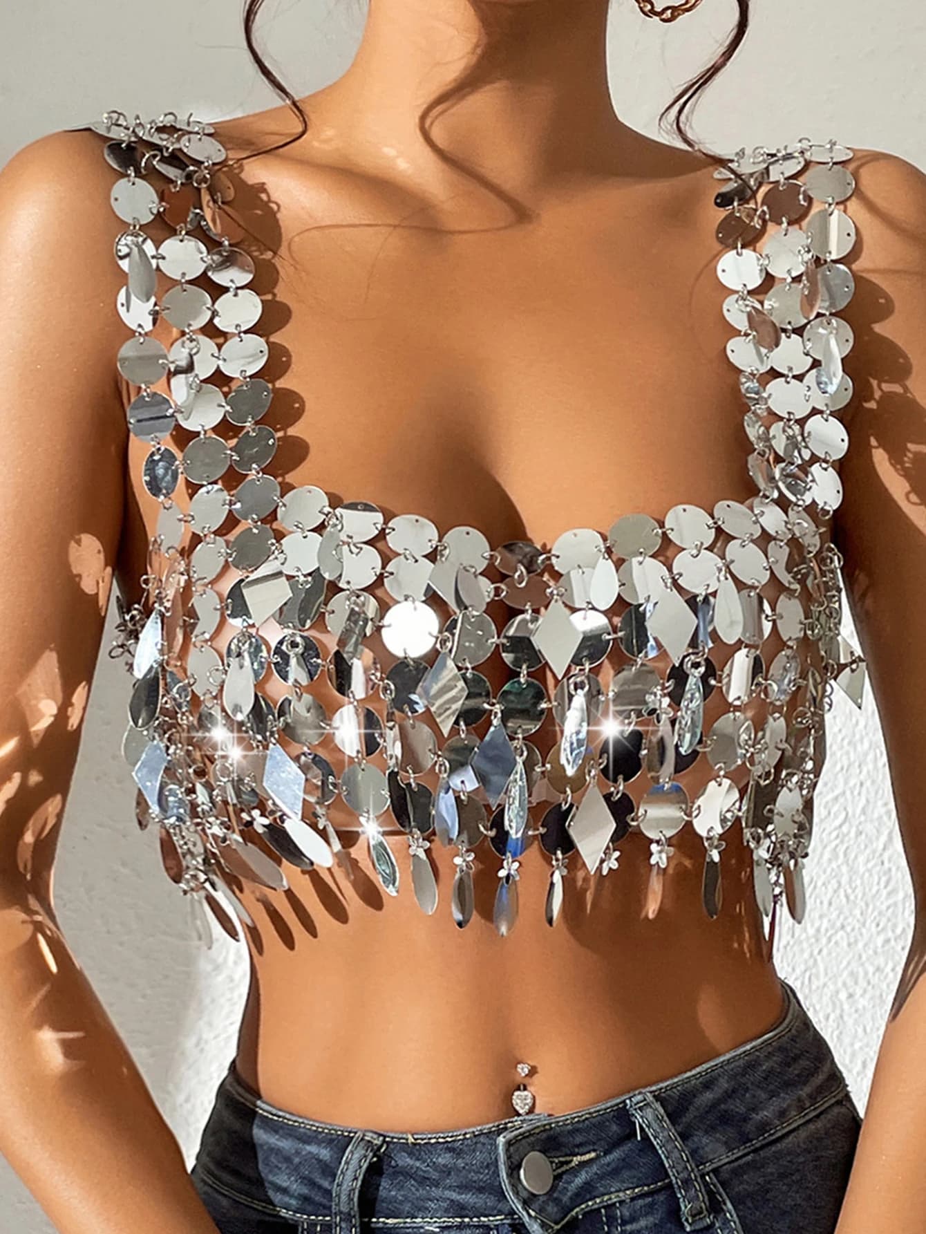 Haut court sexy transparent Y2K à sequins métalliques pour femme, collection été 2026, idéal pour la