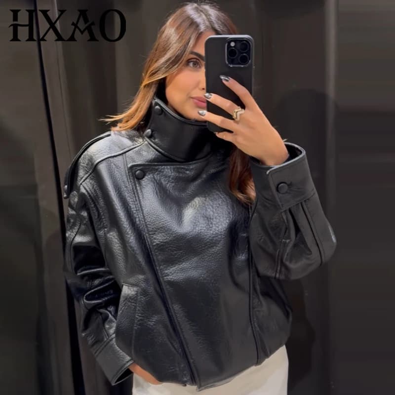 HXAO Faux cuir noir vestes pour femme nouveauté recadrée surdimensionné Bomber veste fermeture éclai