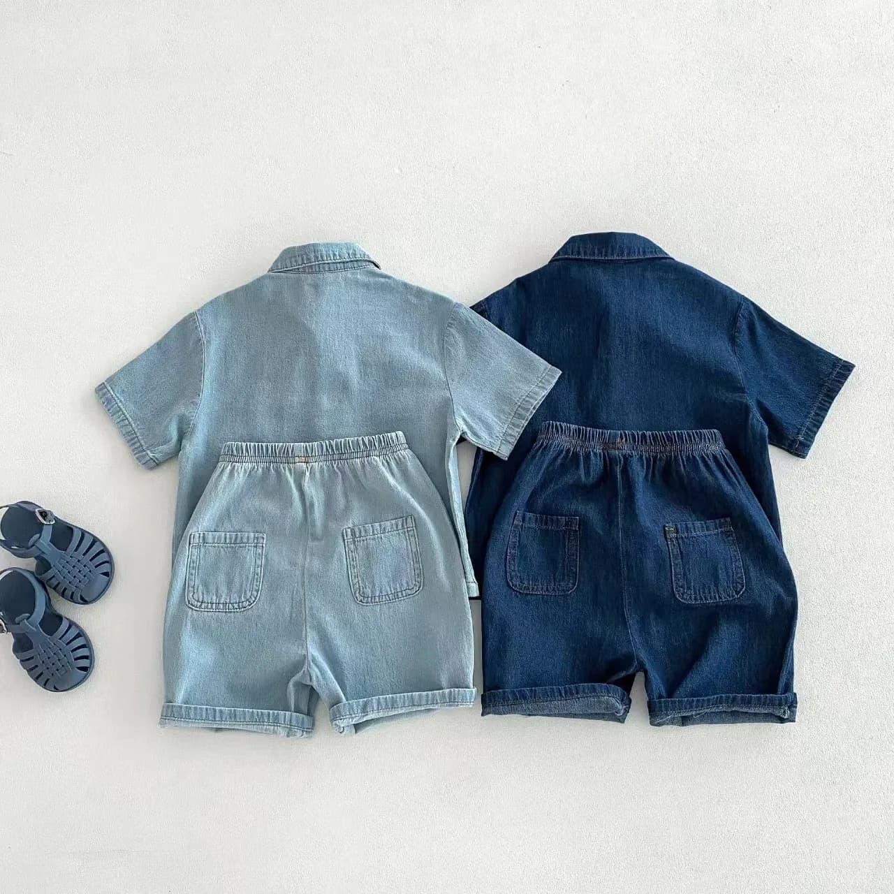 TZ2456 Ensemble de vêtements en jean pour enfants de style coréen, pantalon en jean à manches courte
