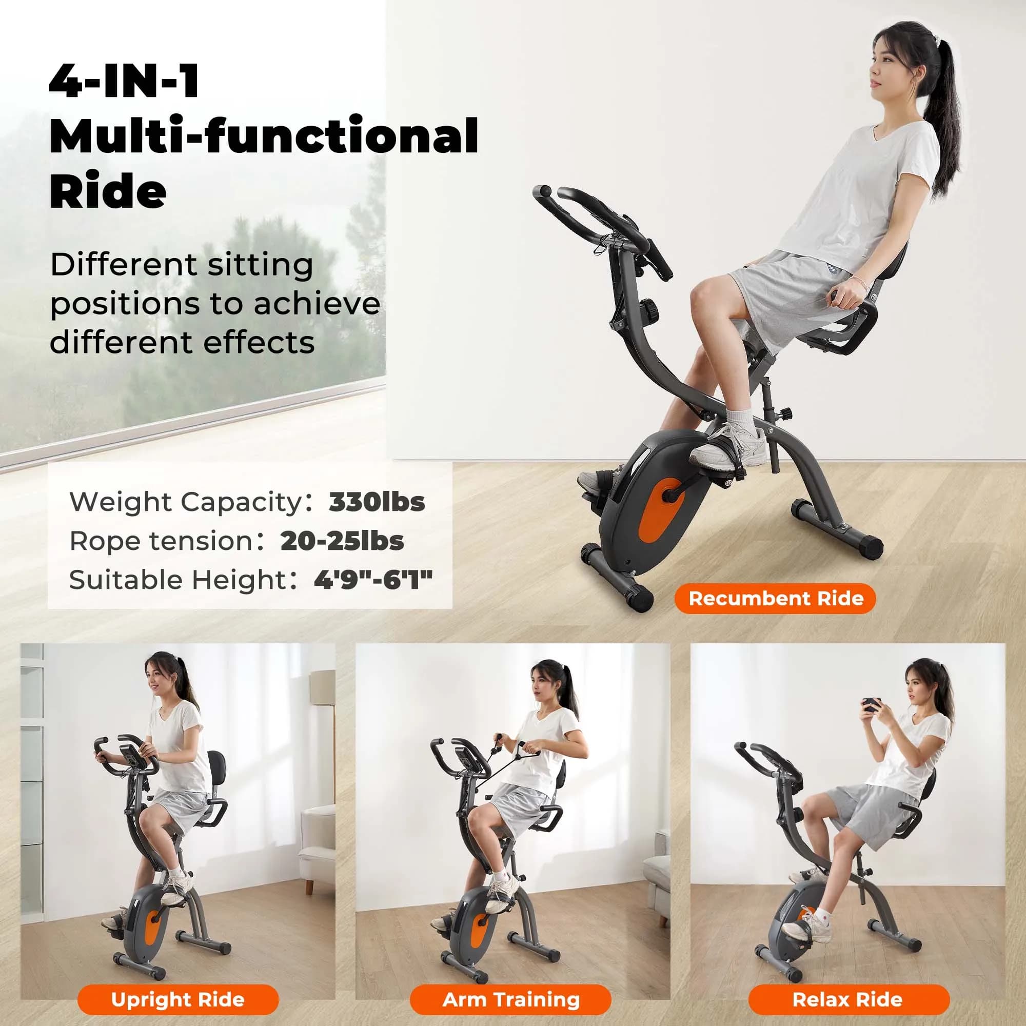Vélo d'exercice pliant avec capteur d'impulsions et moniteur LCD, vélo incliné avec bras, bandes d'i