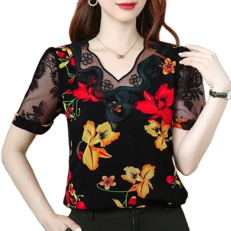 Haut de gamme impression dentelle Miss haut tendance 2025 nouveau manches courtes tempérament sauvag