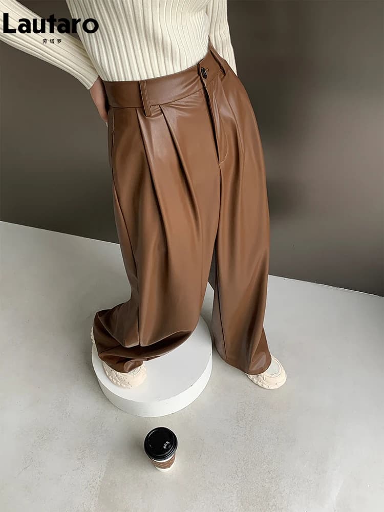 Lautaro-Pantalon à jambes larges en cuir PU pour femme, décontracté, fluide, doux, noir, marron, tai