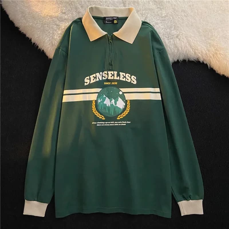 Sweat-shirt Vintage à Col Polo avec Lettres Imprimées pour Femme, Surdimensionné, Harajuku, Vêtement