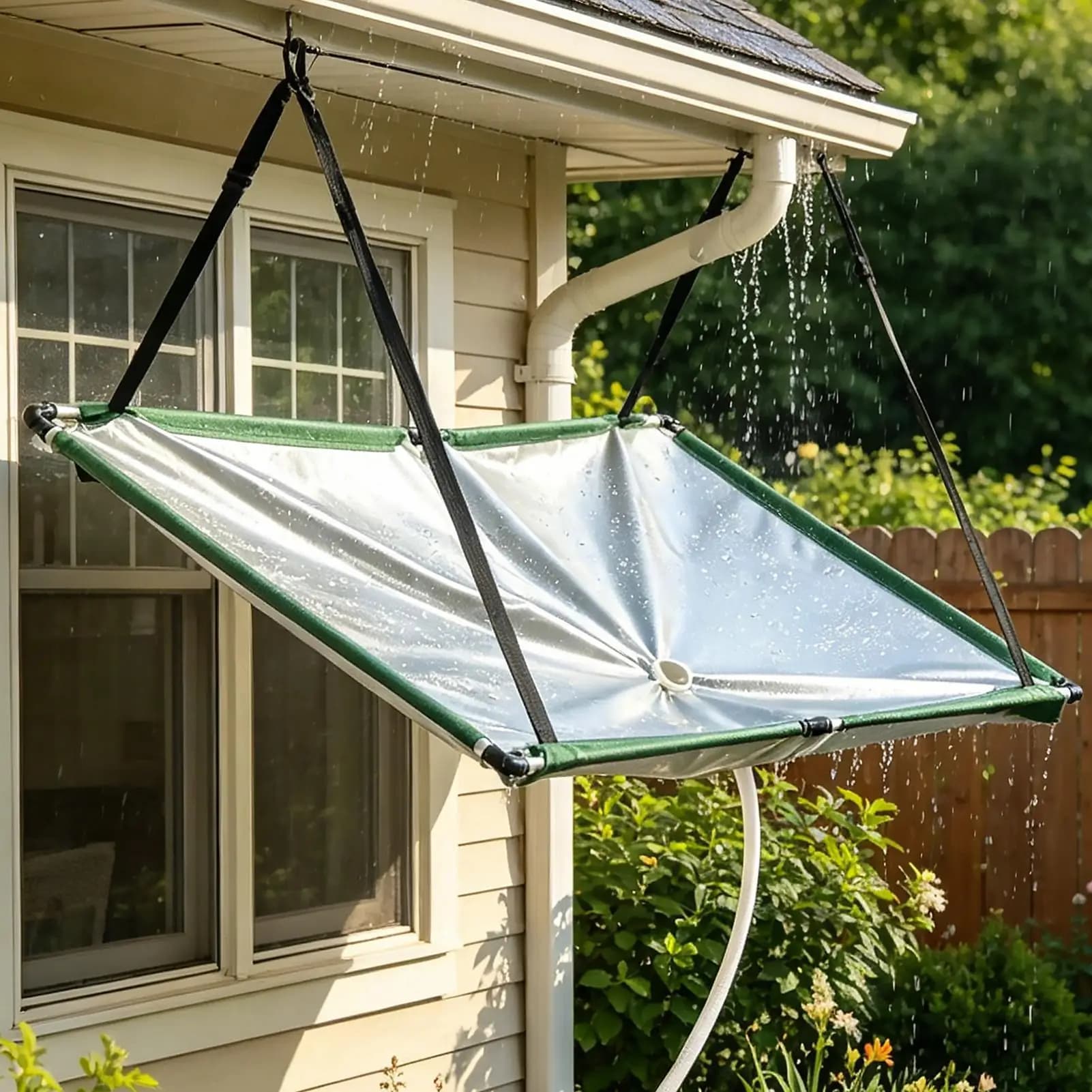 Tapis de récupération d'eau avec tuyau et filtre pour la récupération des eaux de pluie, pour pelous