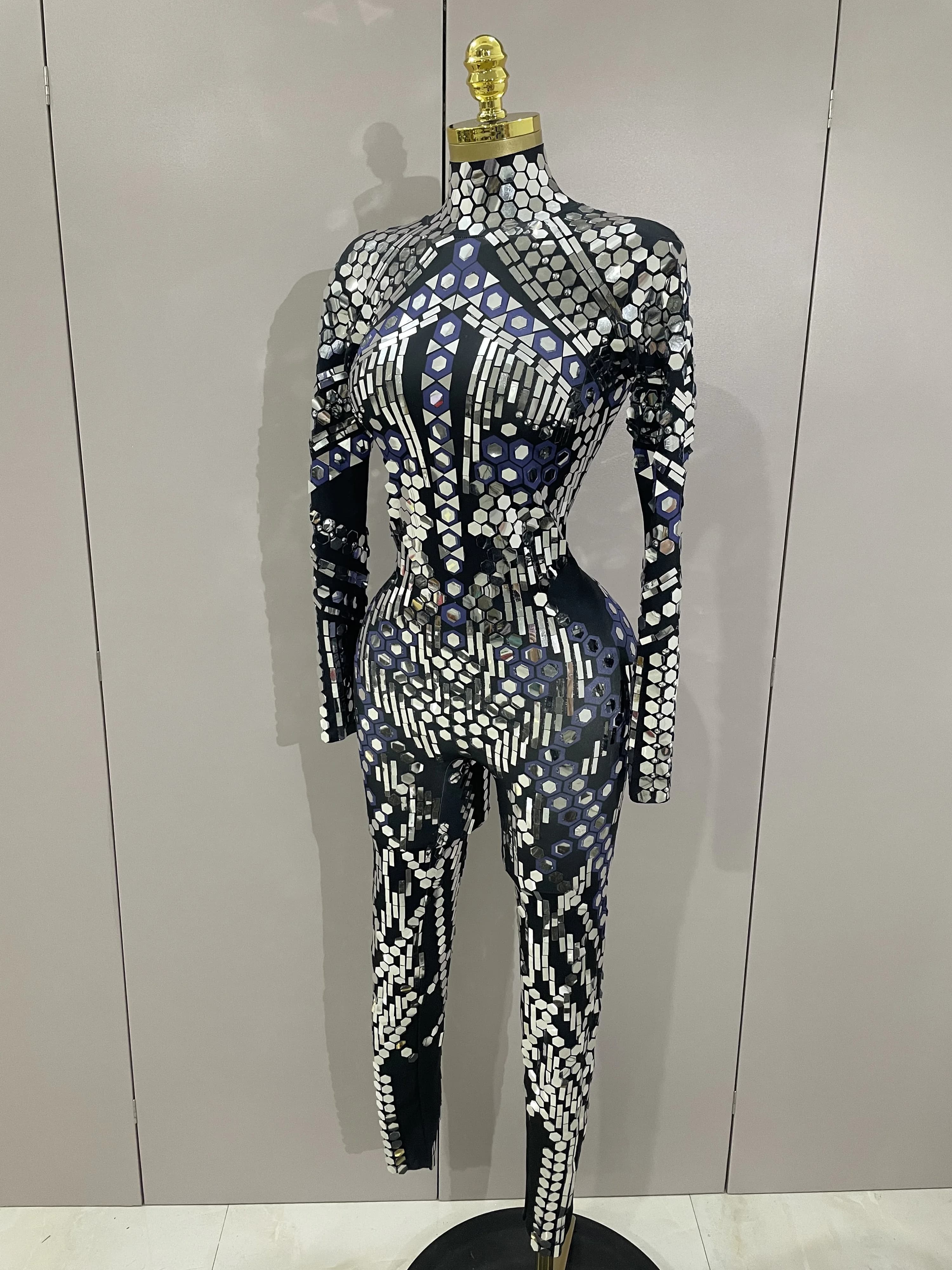 Combinaison Sexy en paillettes argentées brillantes, miroir noir, en Spandex, pour femmes, Costume d
