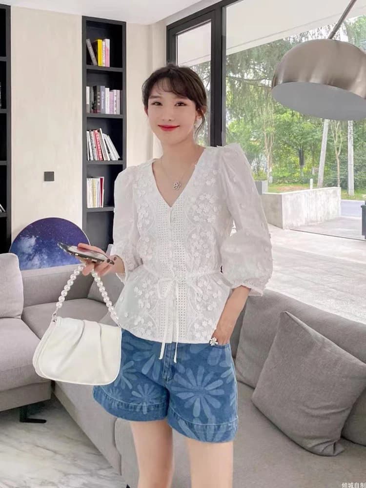 Pouvez-vous psyLady-Chemisier chic à manches bouffantes pour femme, élégant, blanc, avec broderie fl
