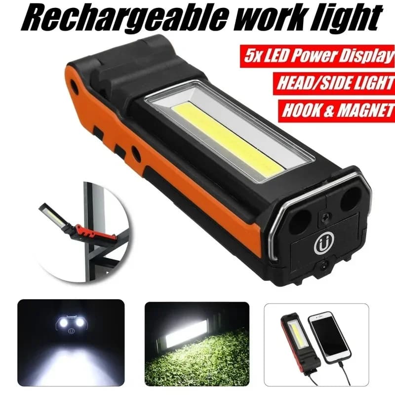 Lampe de travail LED COB à intensité variable, lampe de poche Rechargeable par USB avec batterie ext