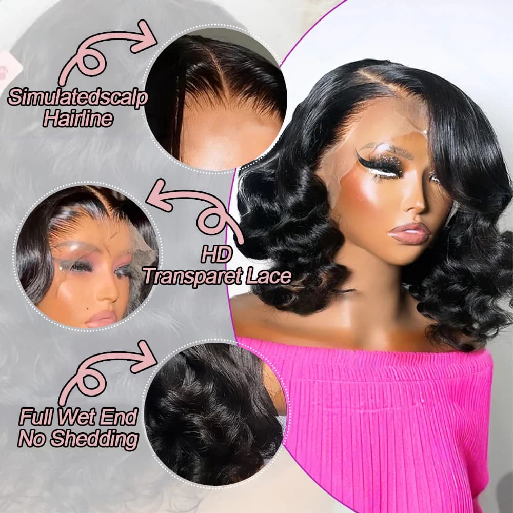 Perruque Bob sans colle naturelle Body Wave cheveux humains brésiliens 13x4 13x6 HD dentelle avant p