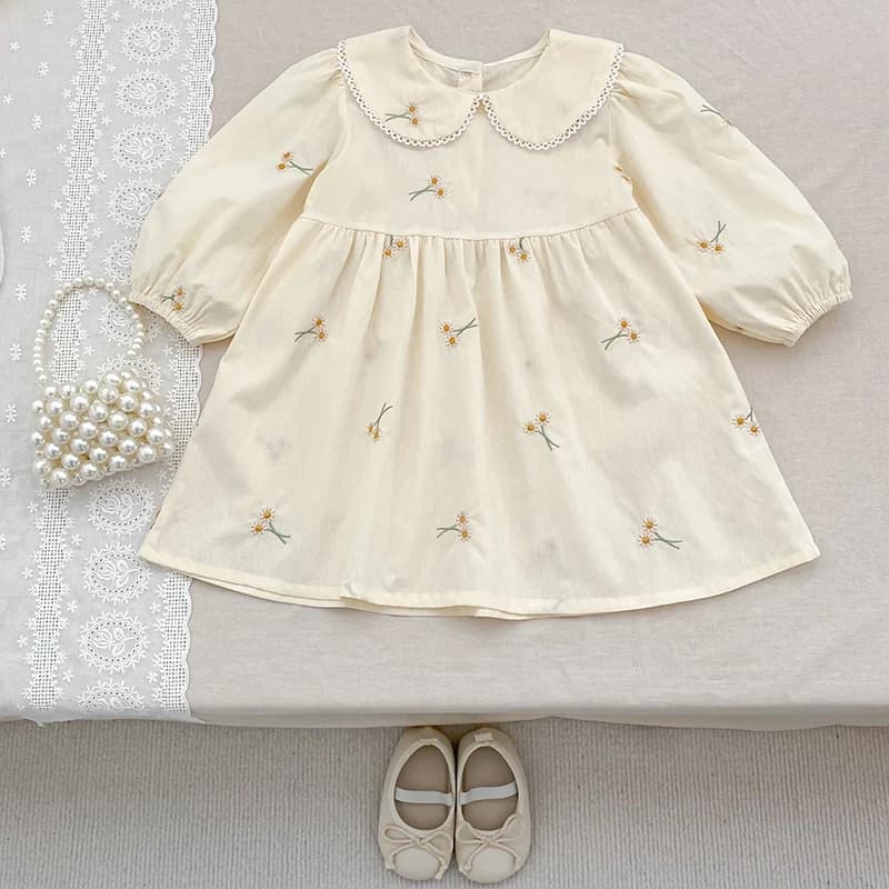 Vêtements de printemps pastorale pour petites filles, robe d'automne en coton brodé à fleurs, robe d