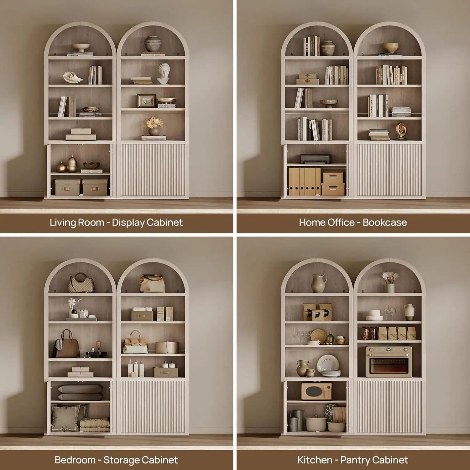 Bibliothèque haute à 5 niveaux avec portes, 82 compartiments arqués, grand rangement, étagères large