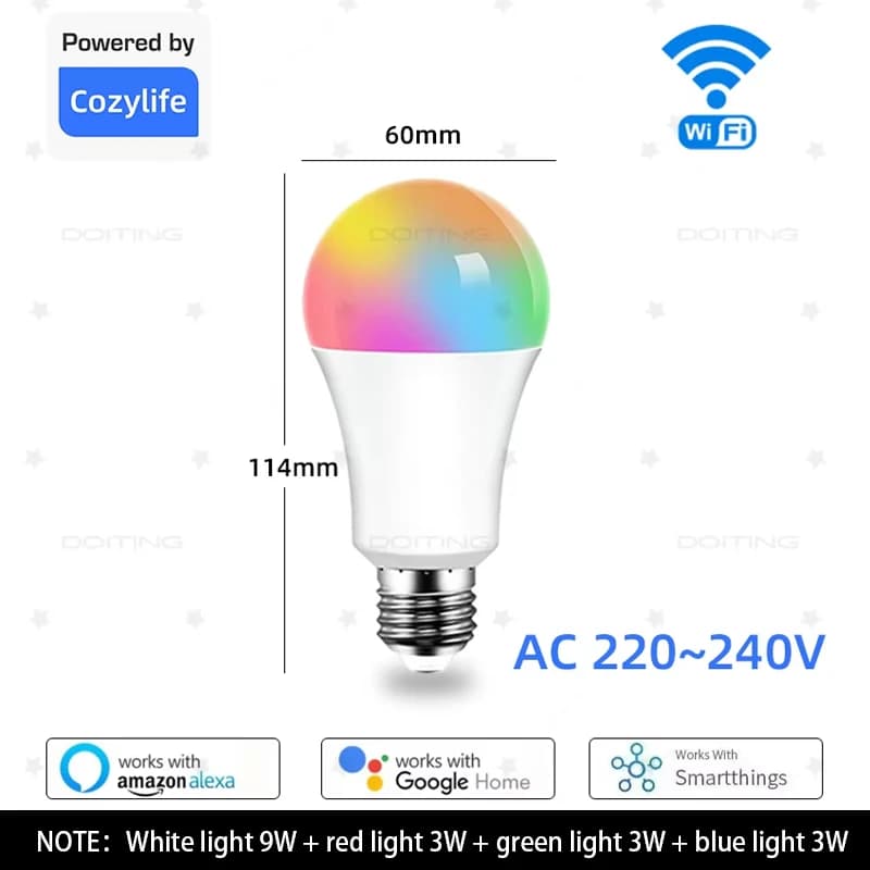 Ampoule intelligente E27 WiFi à intensité variable, RGBCW, lumière LED colorée 220V, application rég