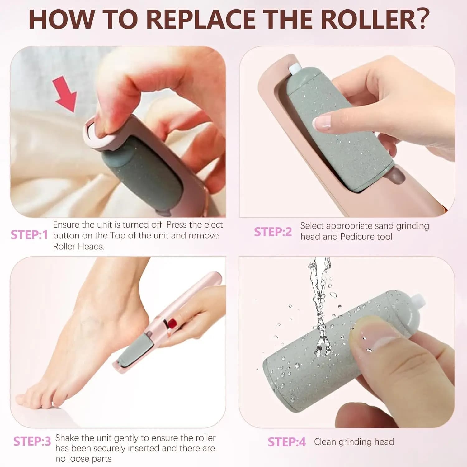 Têtes d'outils de soins des pieds, vernis terne, dissolvant de peau dure, recharges, rouleaux de rem