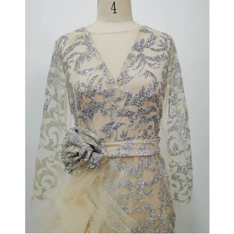 Lugentolo-Robe de soirée à paillettes pour femmes, nœud mince, manches longues, col rond, maille élé