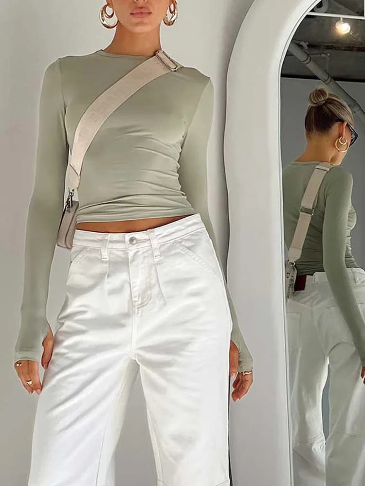 T-shirt à manches longues et col rond pour femme, haut court, coupe couvertes, trous pour les pouces
