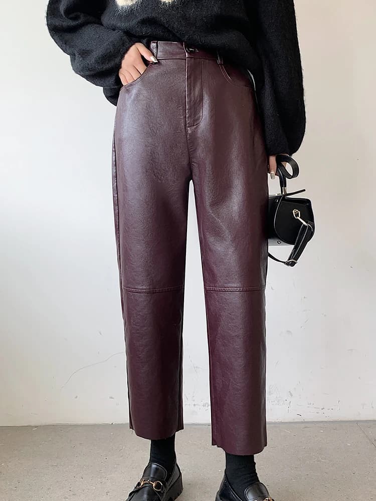 QOERLIN automne hiver pantalon en cuir PU femmes élégant taille haute poches Faux cuir sarouel femme