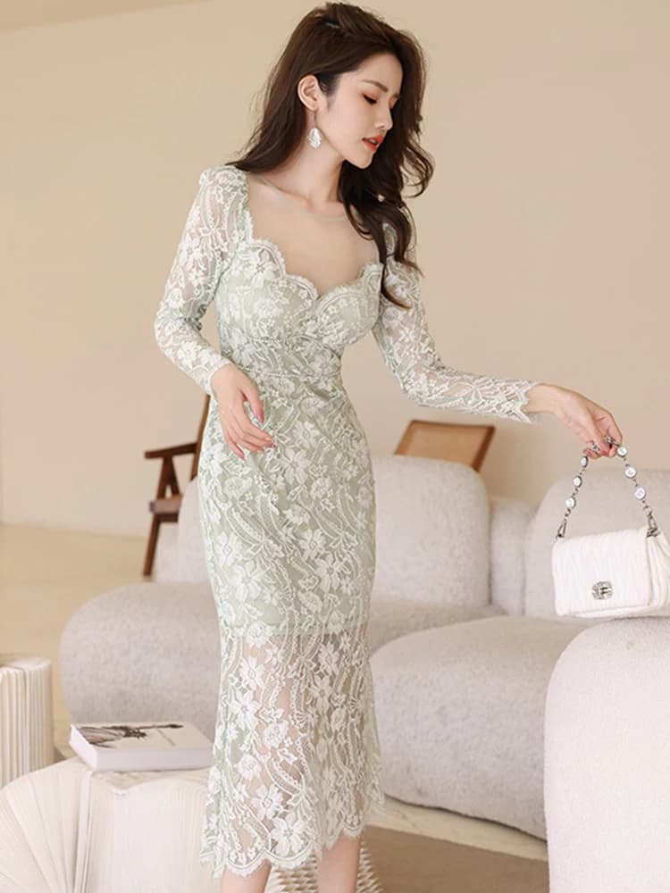 Robe maxi en dentelle transparente pour femme, robe de soirée, robe de vacances, dentelle transparen