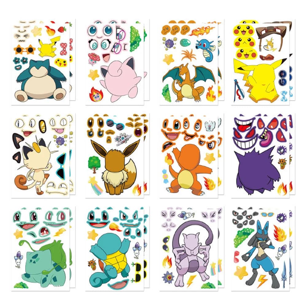 6/12 feuilles mignon Pokemon Puzzle Anime autocollants bricolage faire un visage assembler drôle des