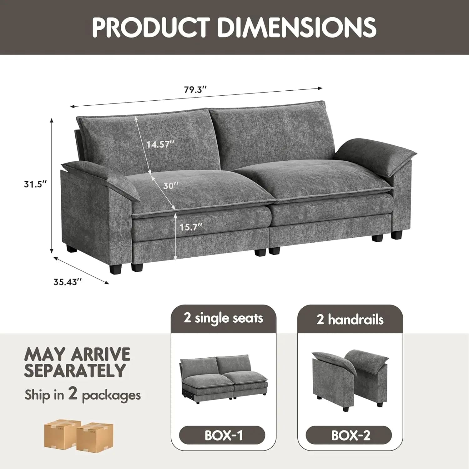 Canapé modulaire 80 pouces avec coussin double couche en chenille, profond, 2 places, style nuage, p