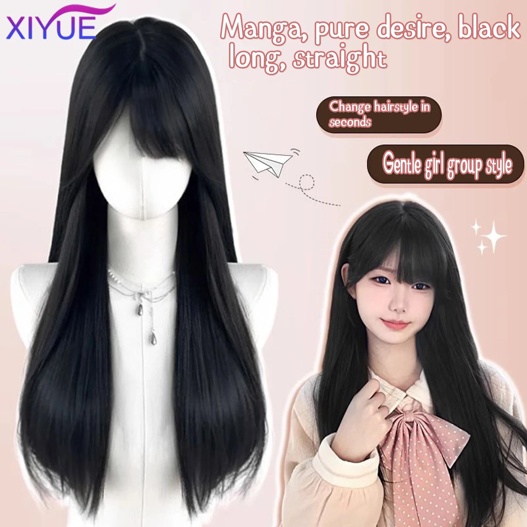 XIYUE – perruques synthétiques longues et lisses avec frange, perruques noires de fête Cosplay Lolit