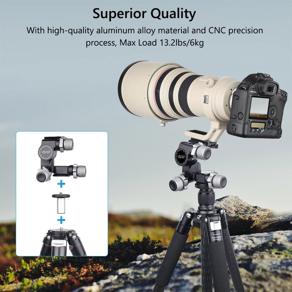 VICELK GH5 Tête de trépied à engrenages 3 voies avec plaque QR de type Arca, micro réglage du millim