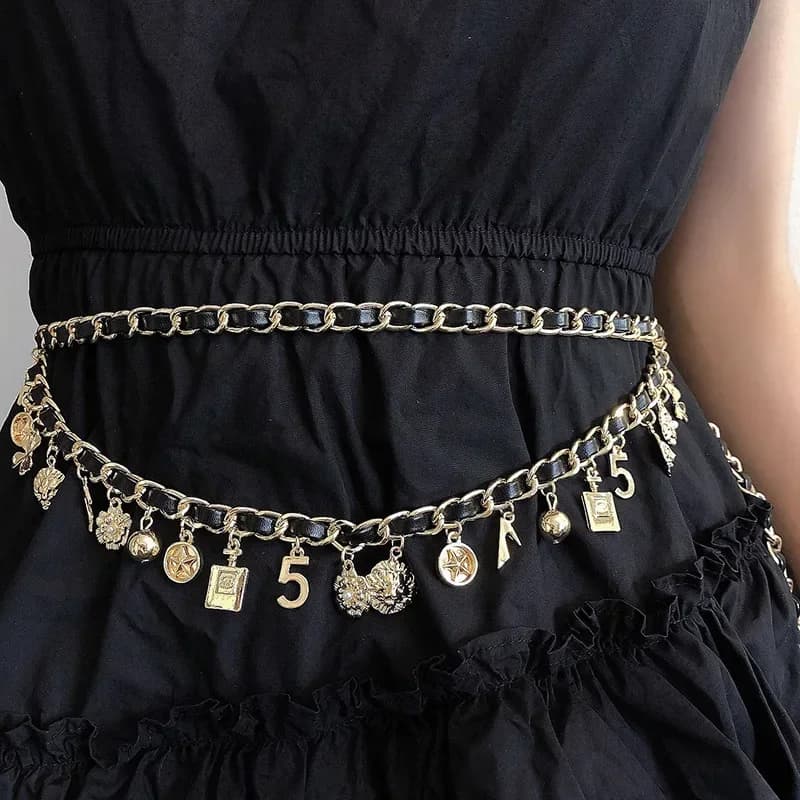 Ceintures tissées en cuir multicouches, chaîne de taille, pompon en métal, pendentif multi-éléments,