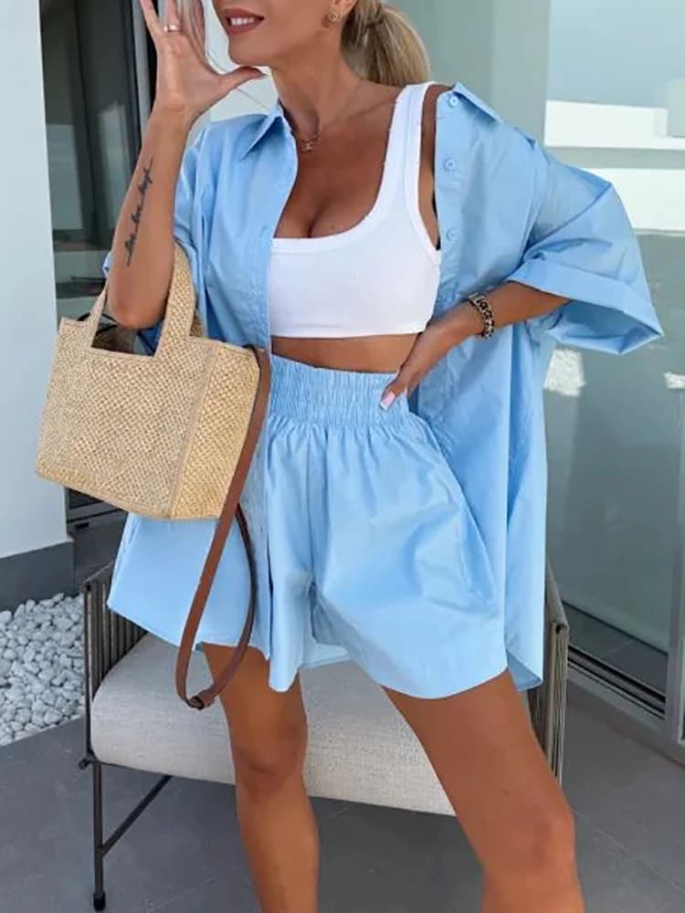 Femmes ample demi manches solide deux pièces ensemble Shorts décontracté vêtements de rue femme corr