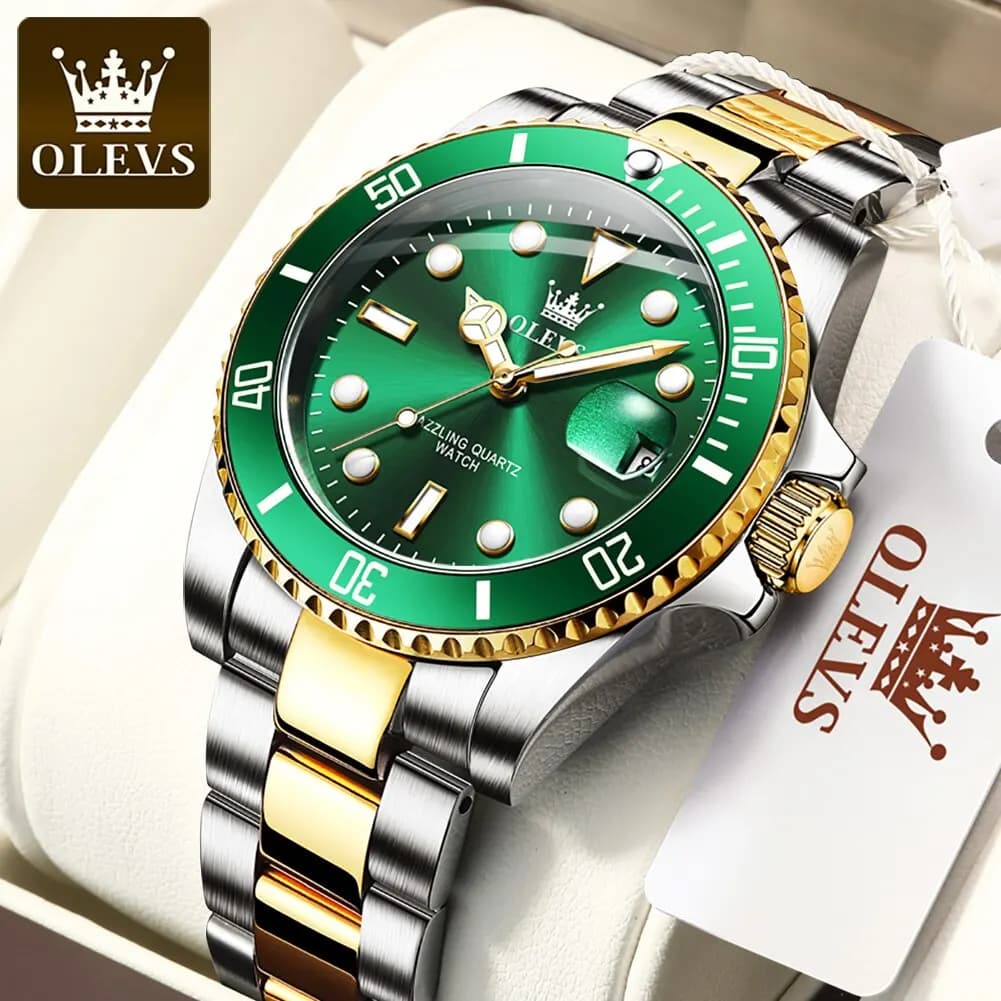 OLEVS-Montre à quartz étanche verte pour homme, acier inoxydable, montre-bracelet Shoous, luxe, haut