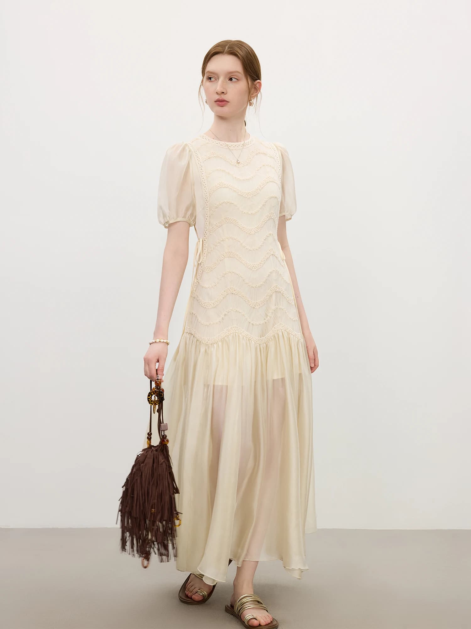 FSLE 2025 été femmes maille broderie robe évider épissage bulle manches taille cravate Y2K à la mode