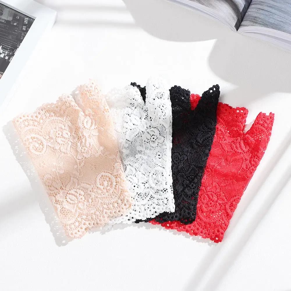 Gants courts en dentelle ajourée pour femmes, sans doigts, manches de Protection solaire, maille fin