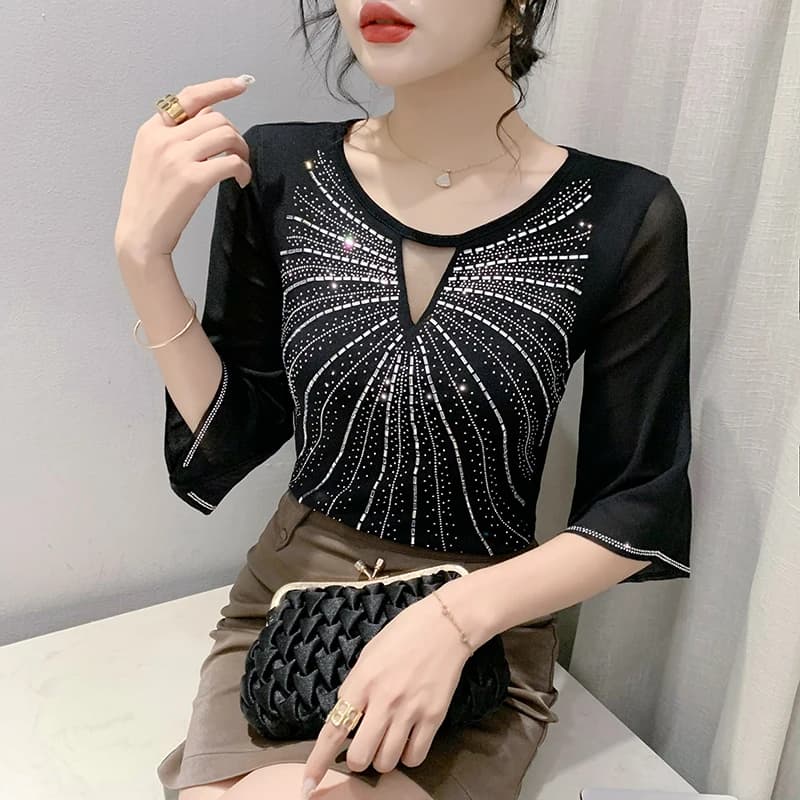 Été nouveauté demi manches évasées t-shirt femmes col rond diamants maille t-shirts hauts fille mode