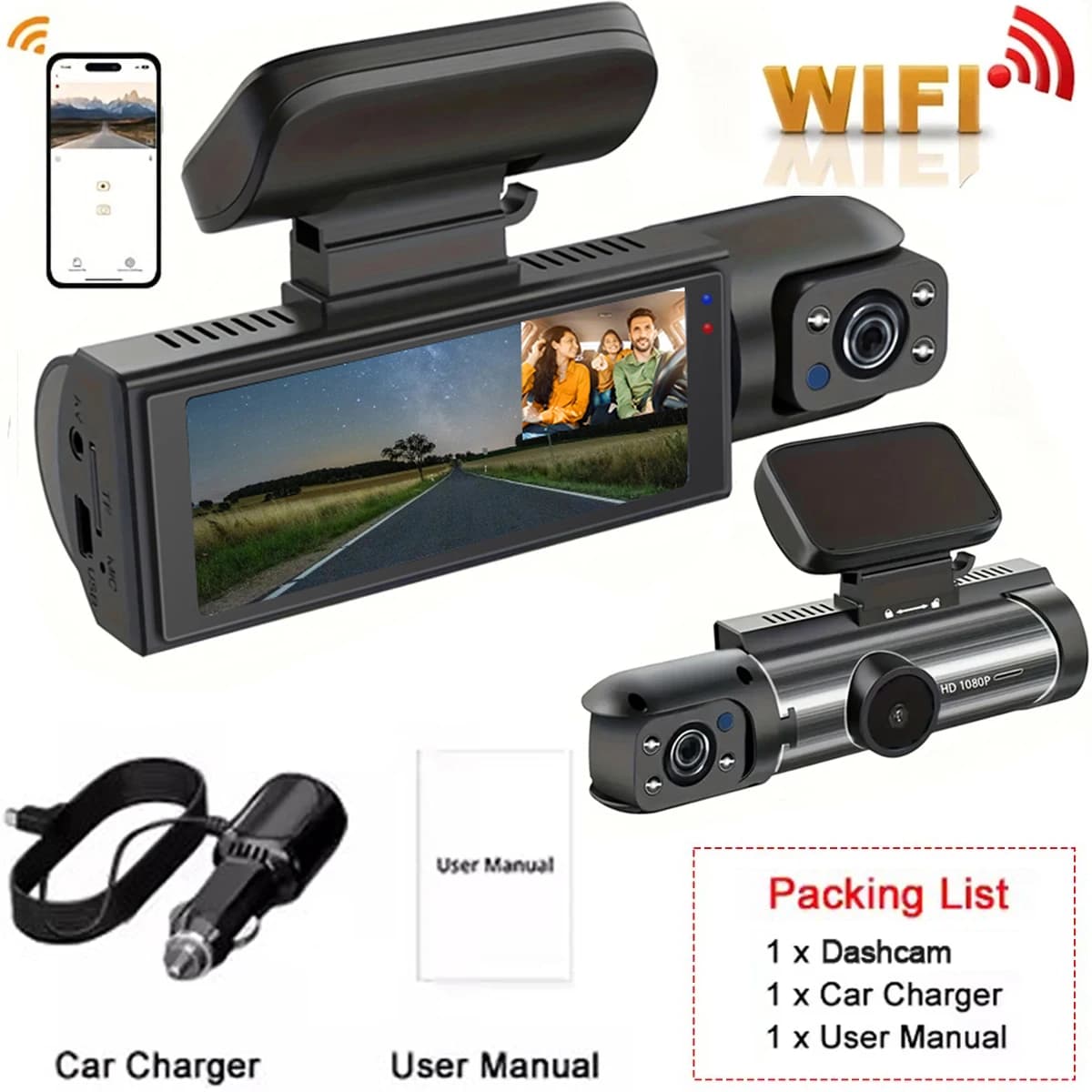 Caméra de tableau de bord pour voitures 1080P, enregistreur vidéo DVR, double caméra de voiture, vue
