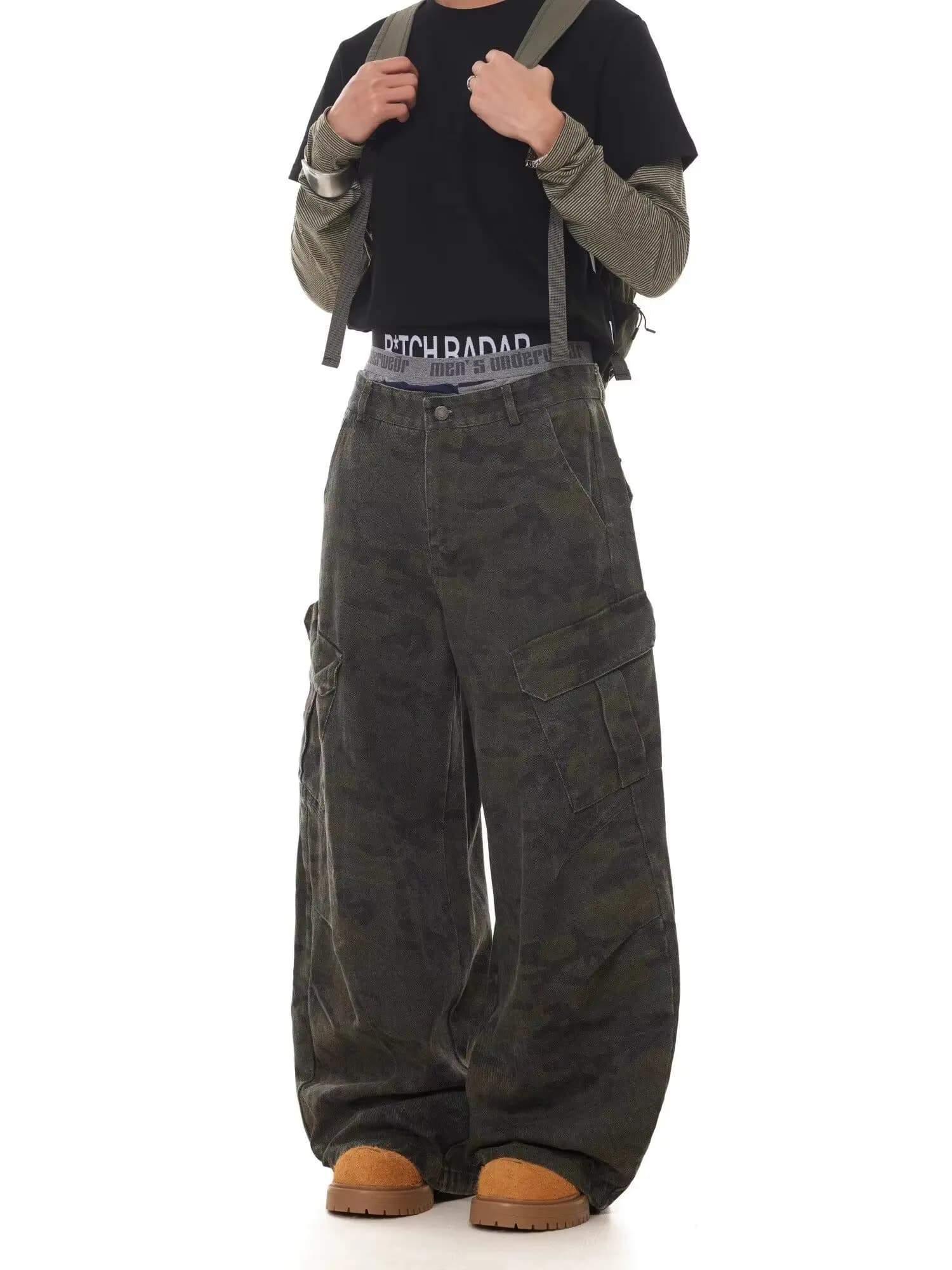 Américain rétro multi-poches Camouflage Silhouette cimandre jean Niche Baggy jambe large faucille pa