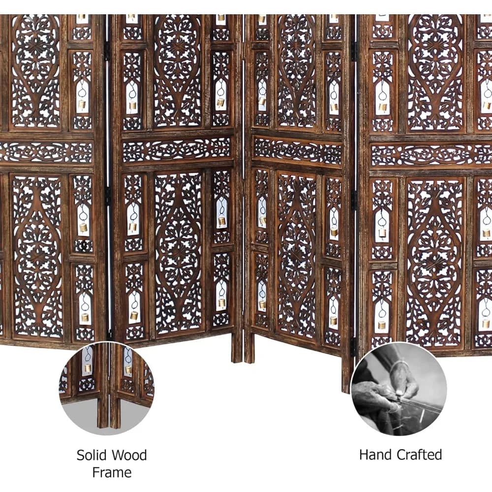 Écran pliant en bois marron antique à 4 panneaux avec cloches Ghanti, 72 x 80 - Séparateur décoratif