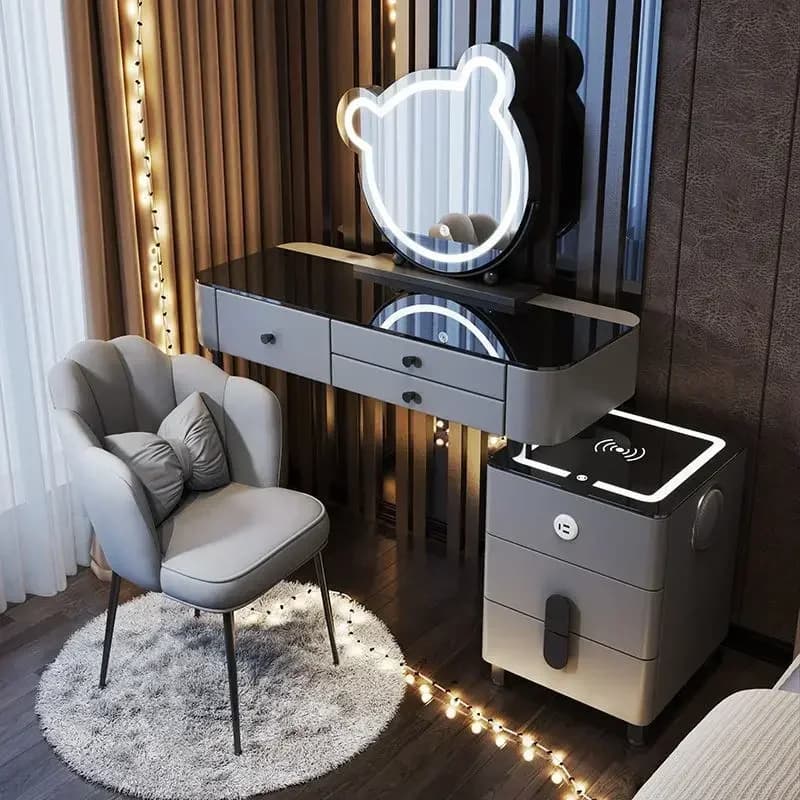 Coiffeuse moderne avec chargement sans fil intelligent, Table de maquillage multifonctionnelle de lu
