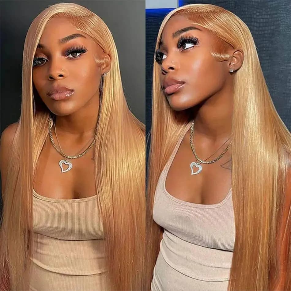 Perruques de cheveux humains lisses blond miel 27, colorées, avec dentelle frontale HD 13x6, perruqu