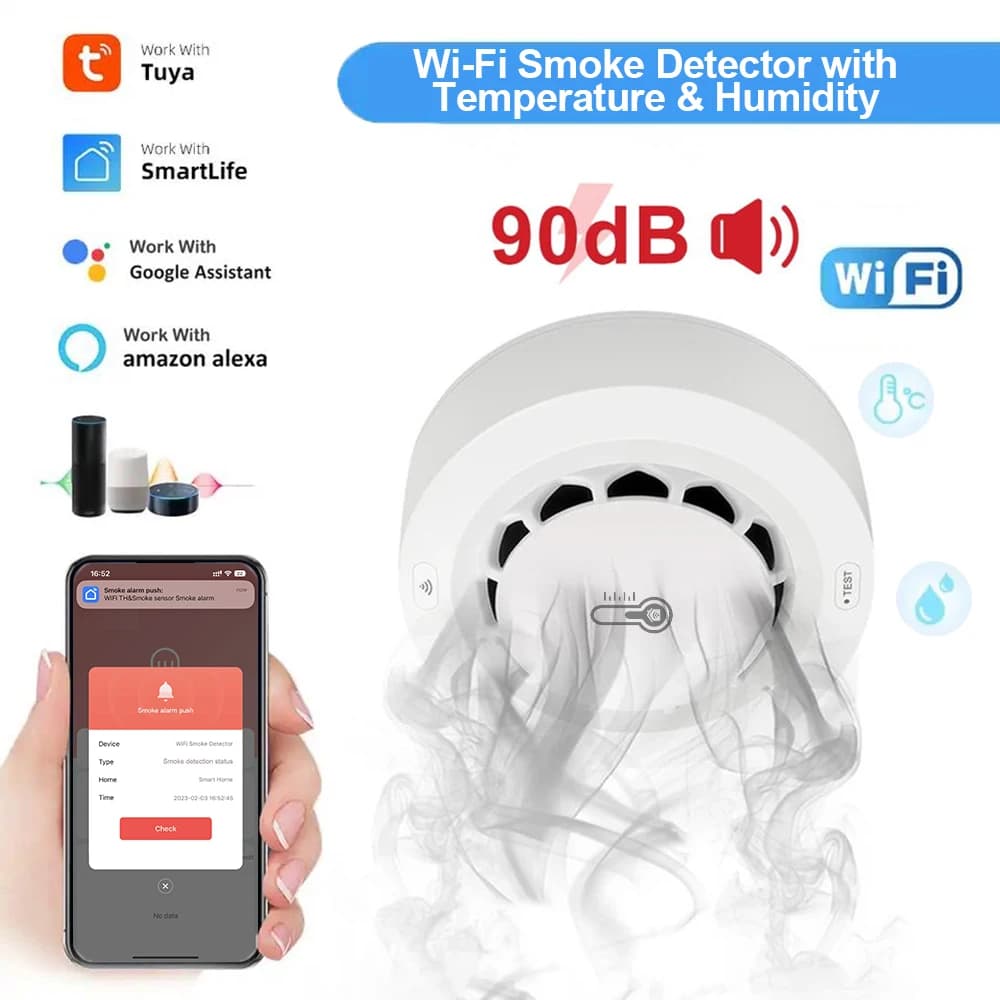 Tuya WiFi détecteur de fumée détection de température et d'humidité 3 en 1 Protection incendie détec