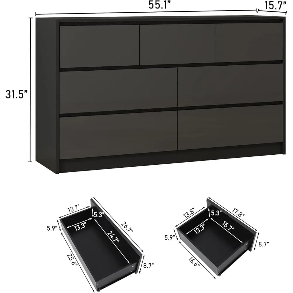 Commode Malm noire pour chambre à coucher, commode haute brillance de 55 pouces de long avec 7 tiroi