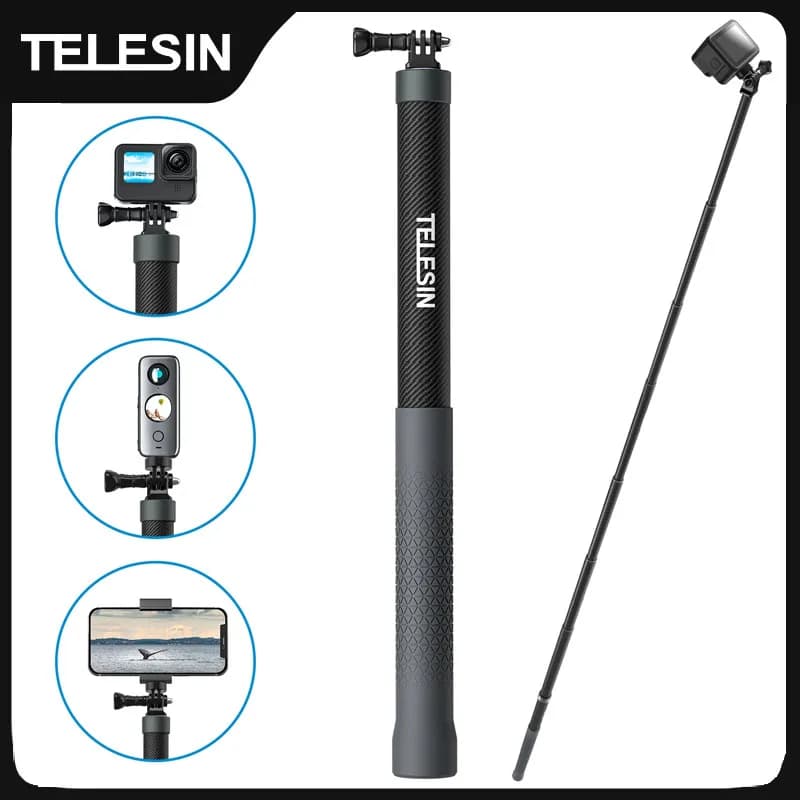 TELESIN 1.2M 3M fibre de carbone Selfie bâton monopode extensible avec 1/4 vis pour GoPro Insta360 O