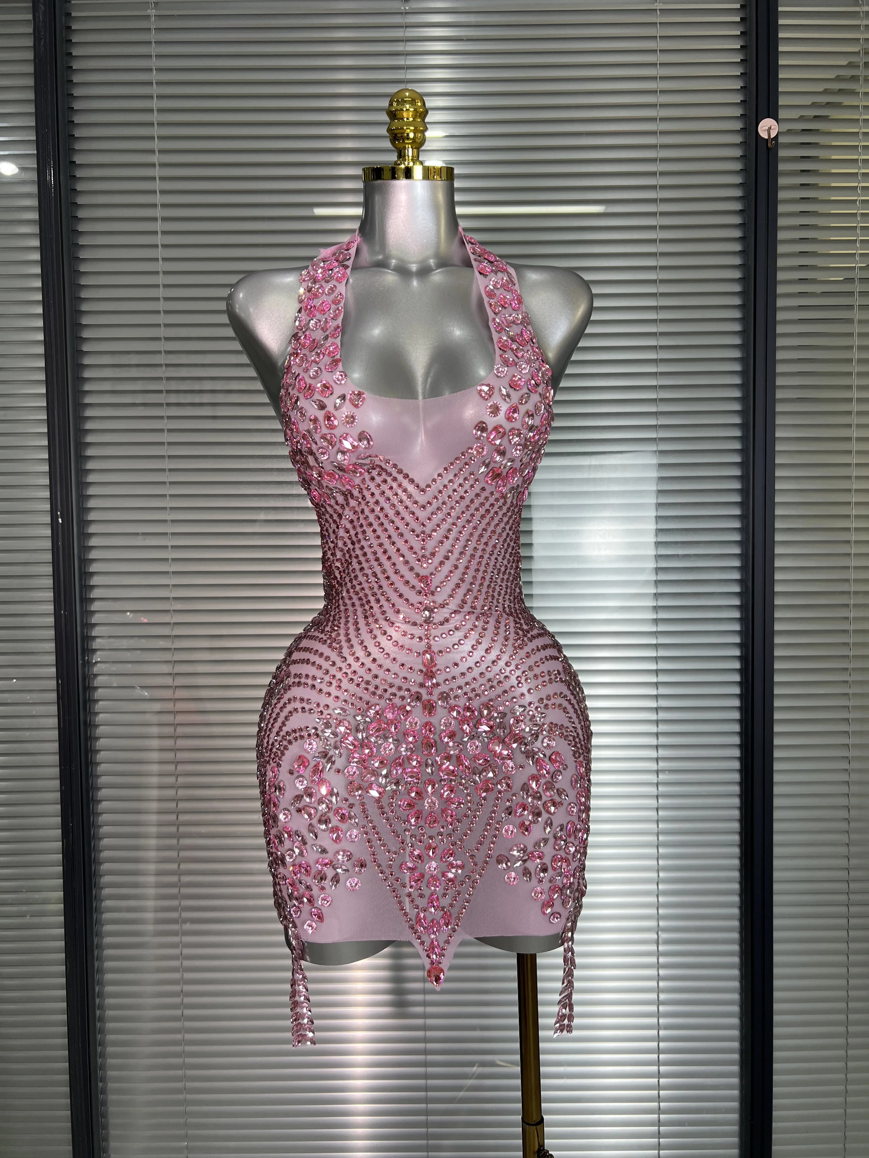 Célébrité nouvelles femmes Sexy rose maille licou scène Performance Costume danseuse chanteur boîte 